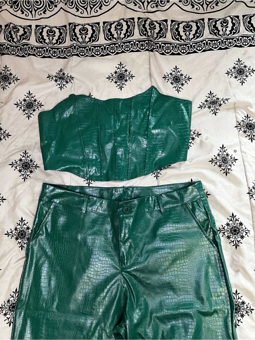 Deep Green Faux Croc Straight-Leg Pants Set